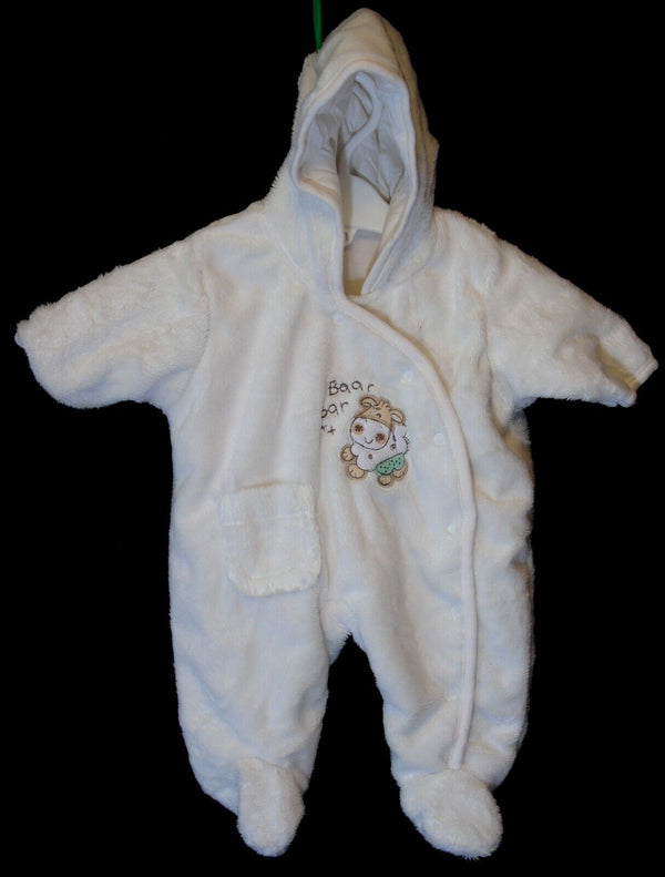 White Furry Hooded Pram Snowsuit Age Newborn 11lbs Cherokee