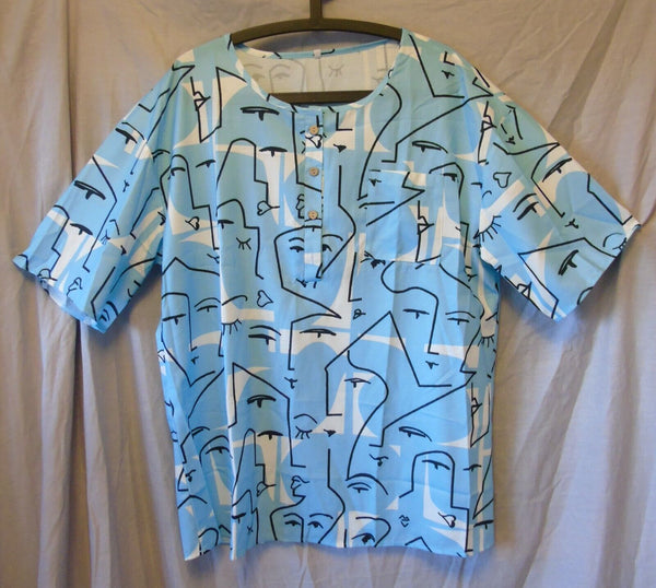 Blue Face Pattern Blouse Top Size 20 2XL Shein