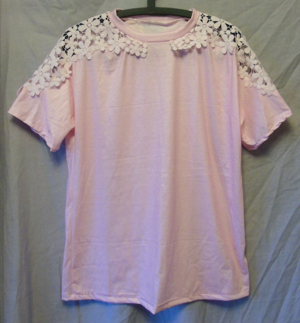 Pink Lace Trim T-Shirt Top Size 18 Shein