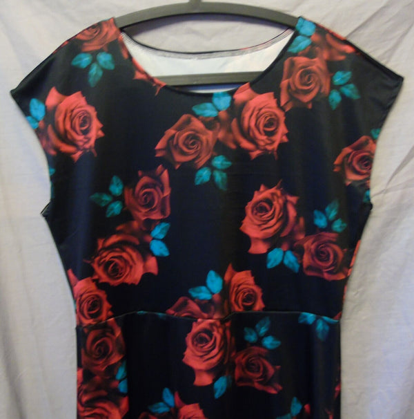 Black Red Rose Floral Belted Midi Dress Size 16 XL Shein