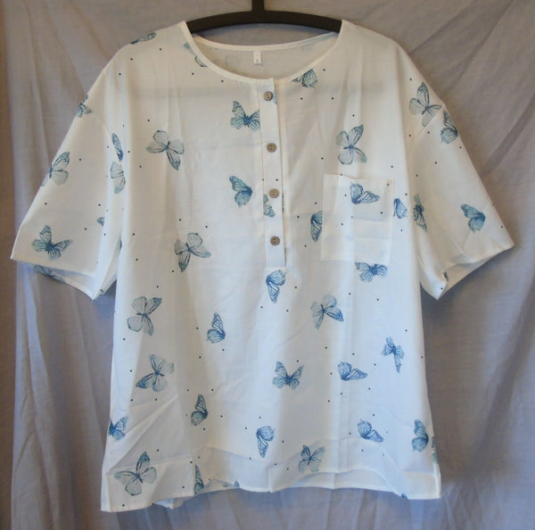 White Blue Butterfly Blouse Top Size 10 Shein