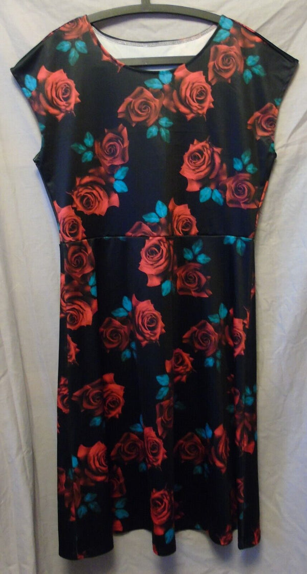 Black Red Rose Floral Belted Midi Dress Size 16 XL Shein