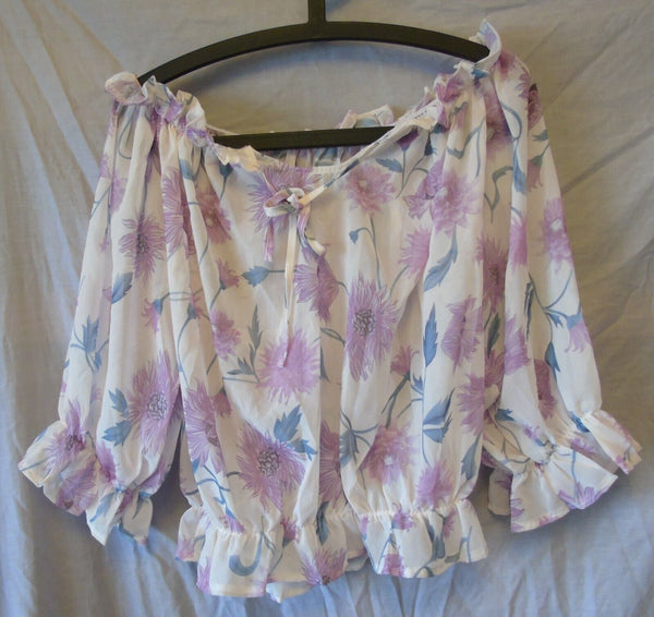 Pink Floral Sheer Chiffon Bardot Blouse Top Size 10 Shein