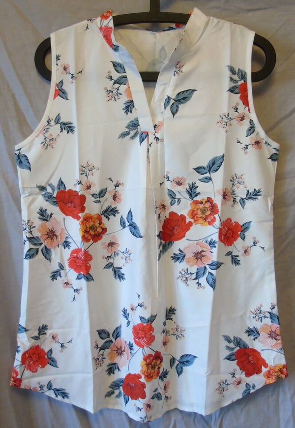 White Red Floral Sleeveless Satin Blouse Top Size 10 Shein