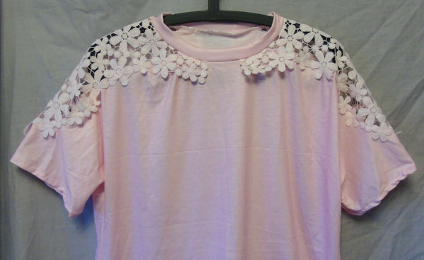 Pink Lace Trim T-Shirt Top Size 18 Shein