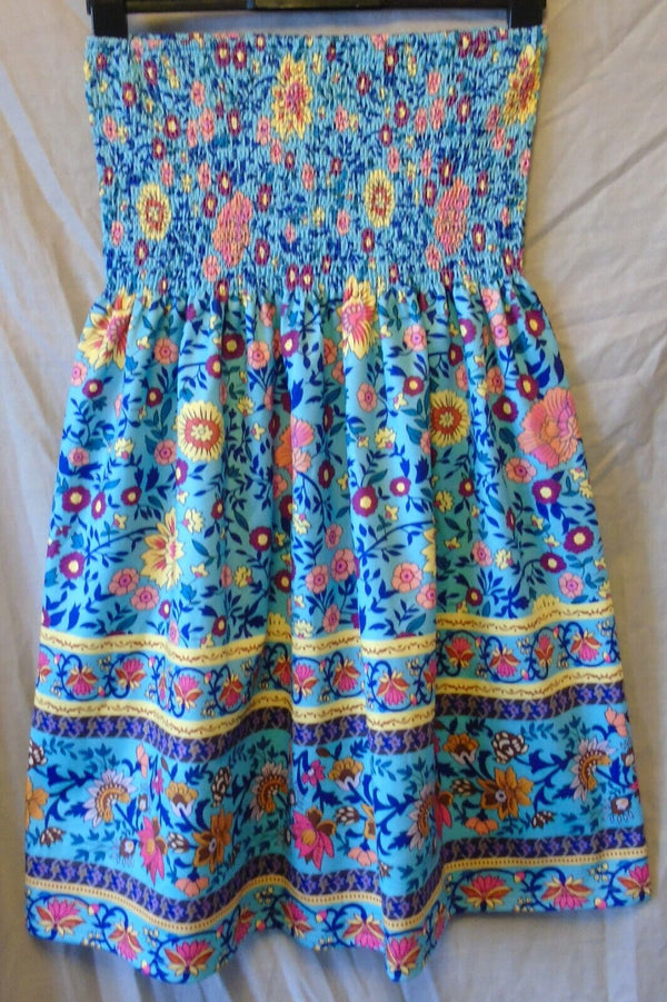 Blue Floral Shirred Bandeau Dress Size 8 Shein