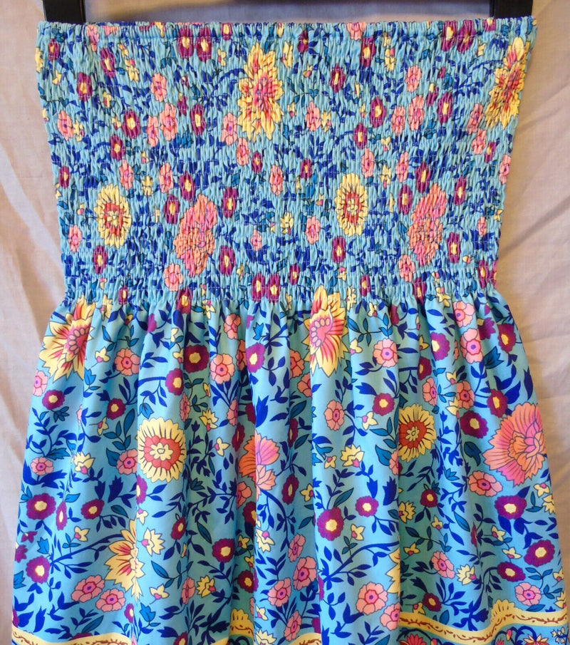 Blue Floral Shirred Bandeau Dress Size 8 Shein